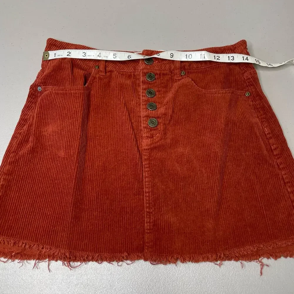Indigo Rein Corduroy A-Line Mini Skirt Button Front Raw Hem Burnout‎ Orange 3/25